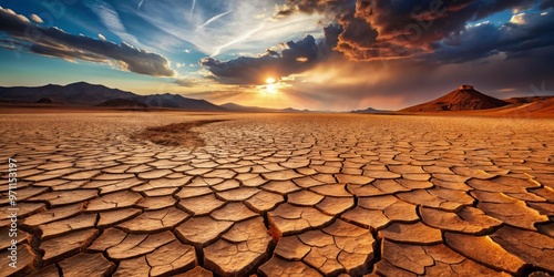 In the heart of the desert, a colossal lakebed long gone, now a vast, cracked plain of reddened earth, gashed and ravaged, as if the very fabric of the land had been torn asunder
