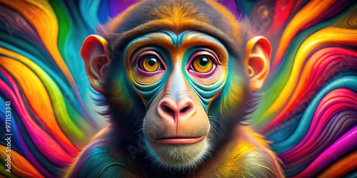 Vibrant close-up portrait of a playful monkey's face, featuring an array of bright, swirling colors and patterns, evoking a sense of whimsy and tropical wonder.