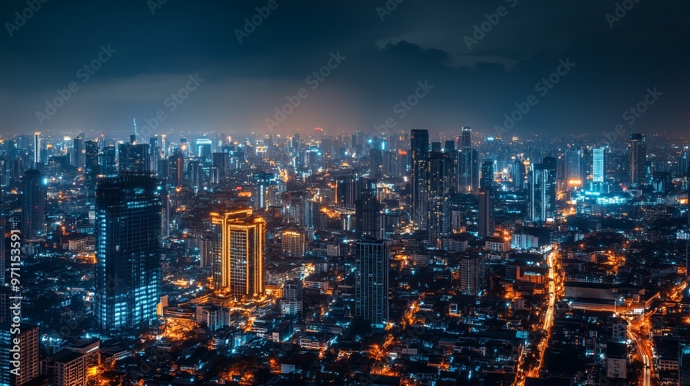 A breathtaking aerial view of a densely populated city at night, illuminated by street lights and the glow of skyscrapers. A breathtaking aerial view of a densely populated city at night, illuminated by street lights and the glow of skyscrapers.