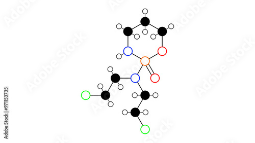 cyclophosphamide molecule, structural chemical formula, ball-and-stick model, isolated image antineoplastic agents photo