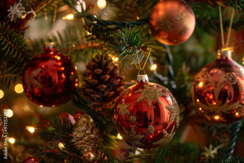 A tree with many red and gold ornaments hanging from it