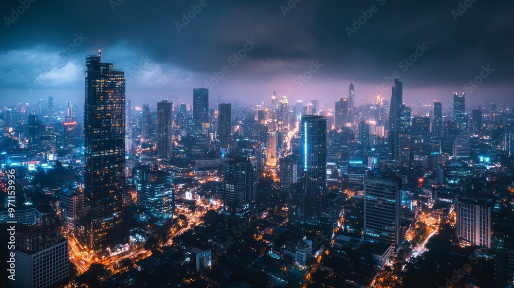 An aerial view of a city skyline at night, with tall buildings lit up and a cloudy sky. An aerial view of a city skyline at night, with tall buildings lit up and a cloudy sky.