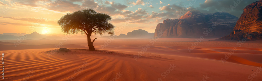 Fototapeta premium Lone tree in a vast desert landscape at sunset with mountains in the distance