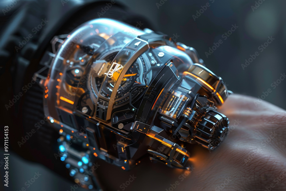 A futuristic watch with a black face and a gold band A futuristic watch with a black face and a gold band
