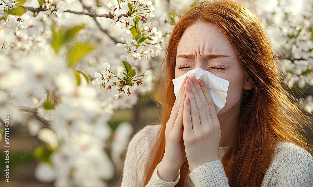 A young woman sneezes while standing among blooming flowers, possibly due to allergies. A young woman sneezes while standing among blooming flowers, possibly due to allergies.