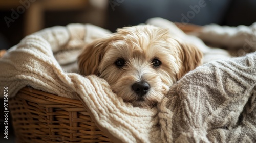 A fluffy puppy snuggled up in a basket with a soft blanket, looking cozy and content in a warm home setting -