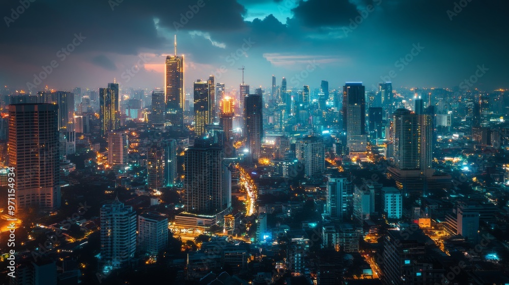 Fototapeta premium Nighttime city skyline with buildings illuminated by lights.