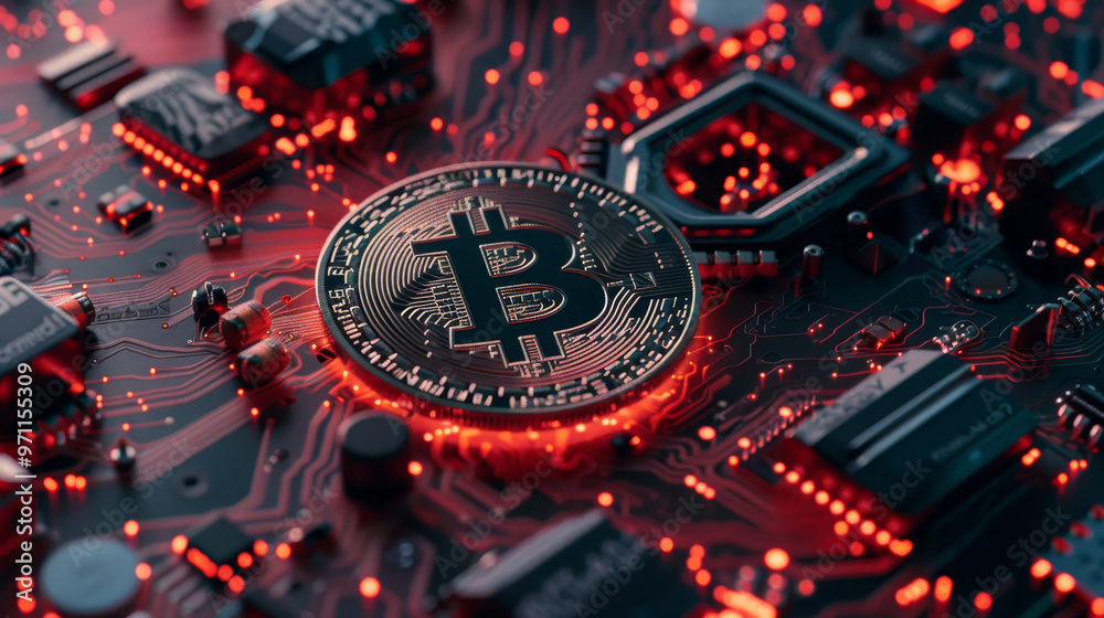 A computer chip with a red glowing coin on it A computer chip with a red glowing coin on it