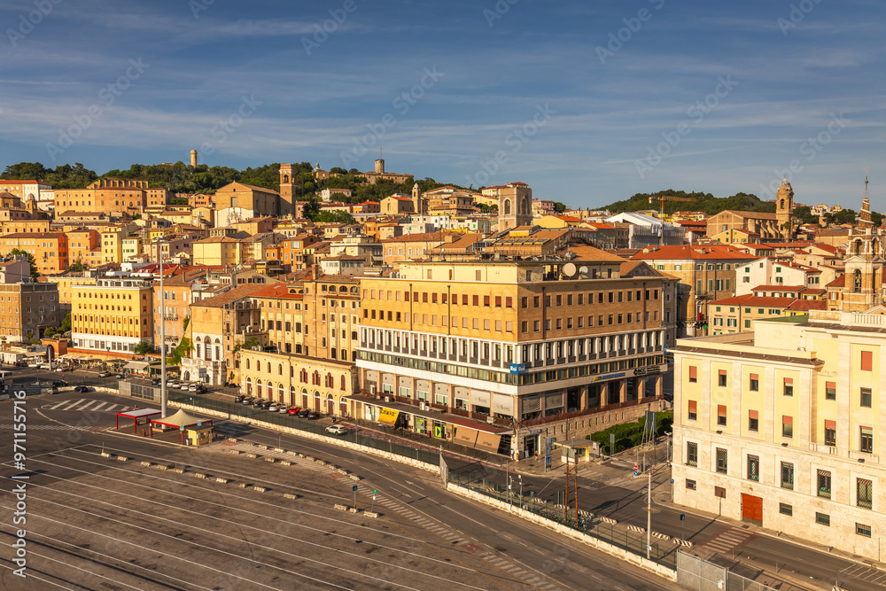 View of the port and city of Anocna in sunny spring day. Historical buildings and beautifull views.