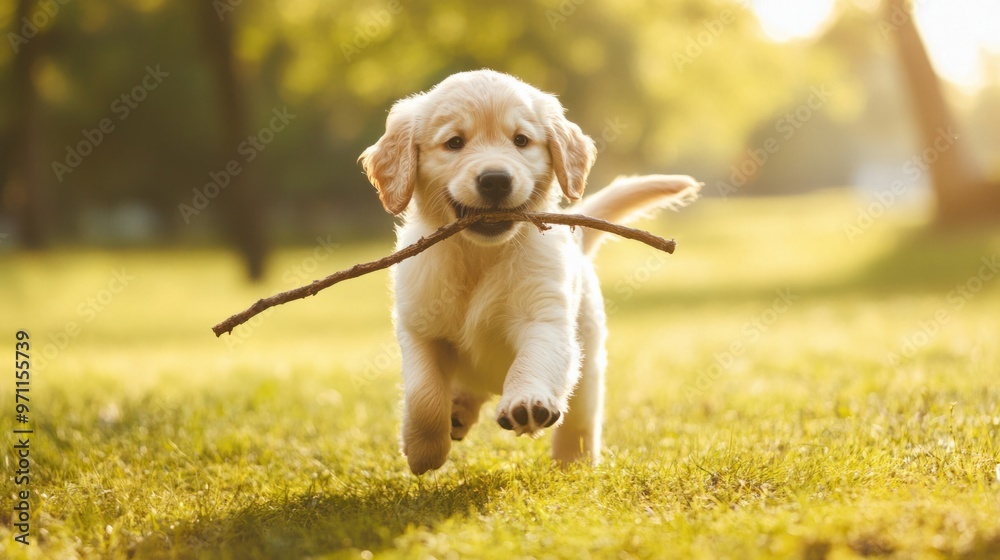 A golden retriever puppy with a stick in its mouth, playfully running through the park on a sunny day A golden retriever puppy with a stick in its mouth, playfully running through the park on a sunny day
