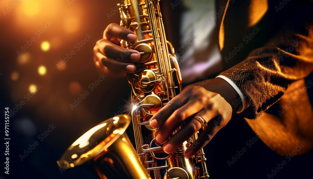 Obraz premium Extreme close-up of the expert hands of a saxophonist as he plays a beautiful golden saxophone on a dark background. Concept of brass instrument or wind instrument. Generative Ai.