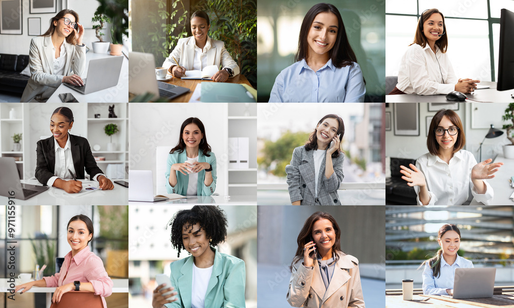 A group of professional women of different backgrounds is shown working in a bright, contemporary office space. They are engaged in various activities, including video conferencing, writing A group of professional women of different backgrounds is shown working in a bright, contemporary office space. They are engaged in various activities, including video conferencing, writing