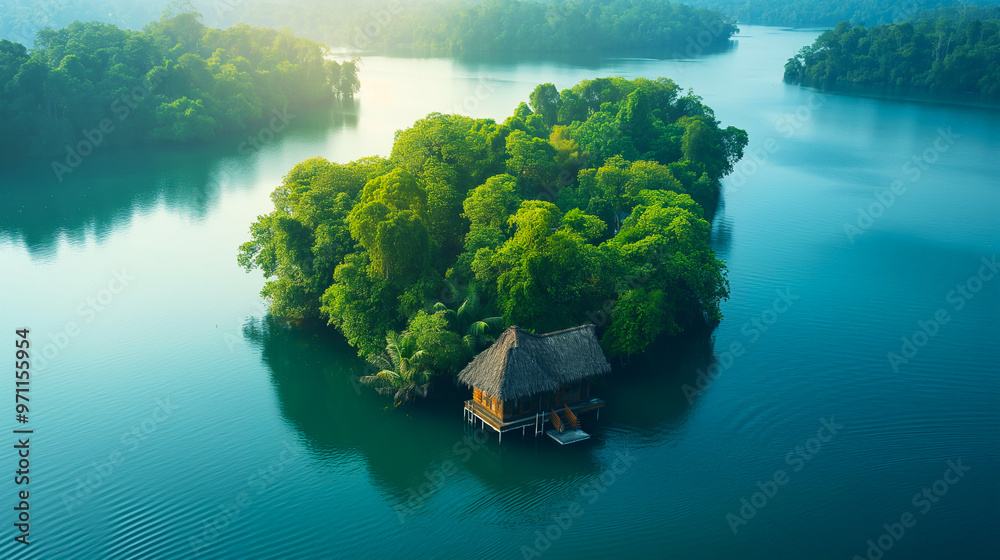 Secluded tropical island with huts surrounded by lush greenery and calm waters Secluded tropical island with huts surrounded by lush greenery and calm waters