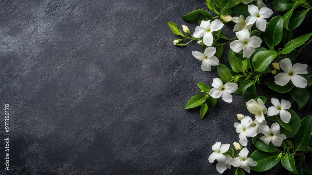 Obraz premium A serene arrangement of white flowers and green leaves on a dark textured background.