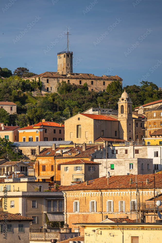 View of the port and city of Anocna in sunny spring day. Historical buildings and beautifull views.