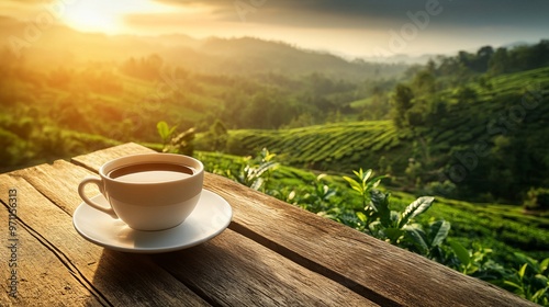 Coffee Cup on Wooden Table Overlooking Tea Plantation at Sunset in Mountain Forest. AI generated illustration