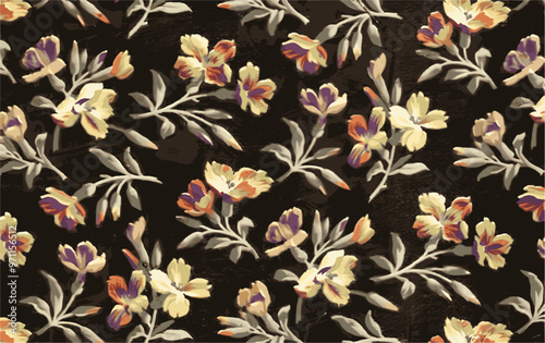 Vintage-style floral pattern with delicate flowers in yellow, orange & purple on a dark background, suggesting textile or antique design.