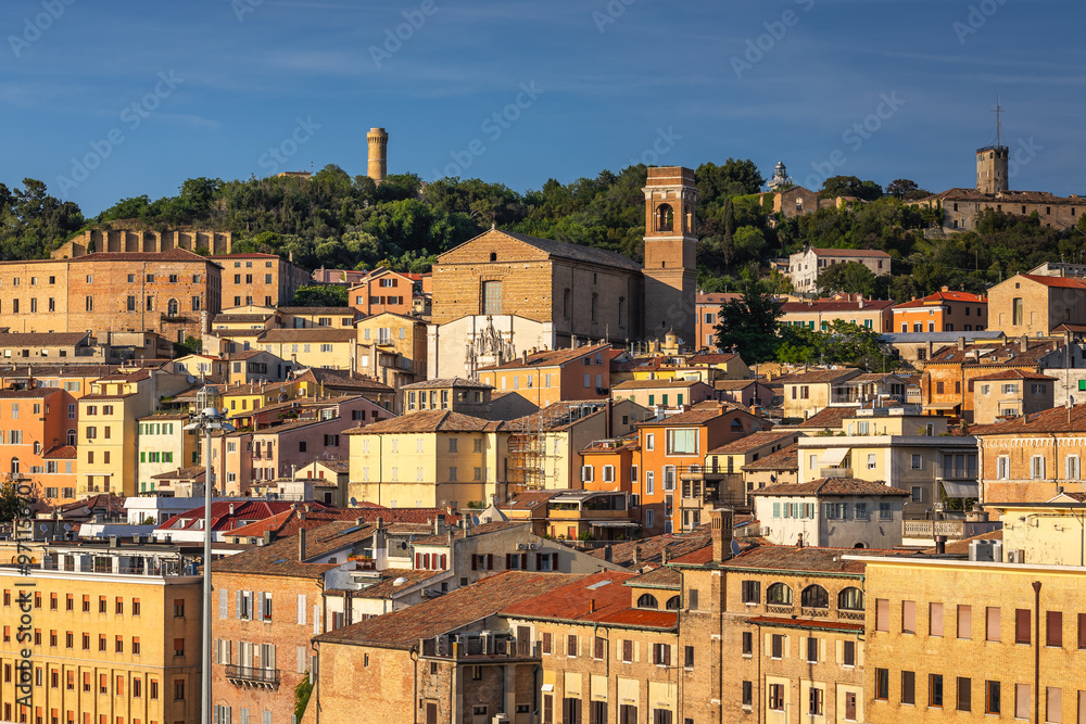 View of the port and city of Anocna in sunny spring day. Historical buildings and beautifull views.