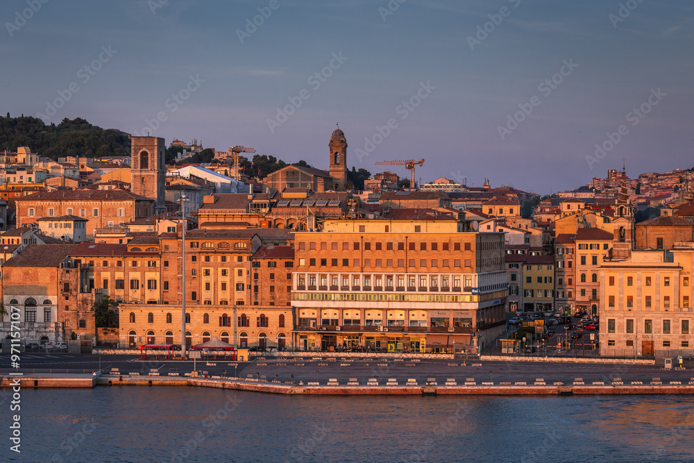 View of the port and city of Anocna in sunny spring day. Historical buildings and beautifull views.