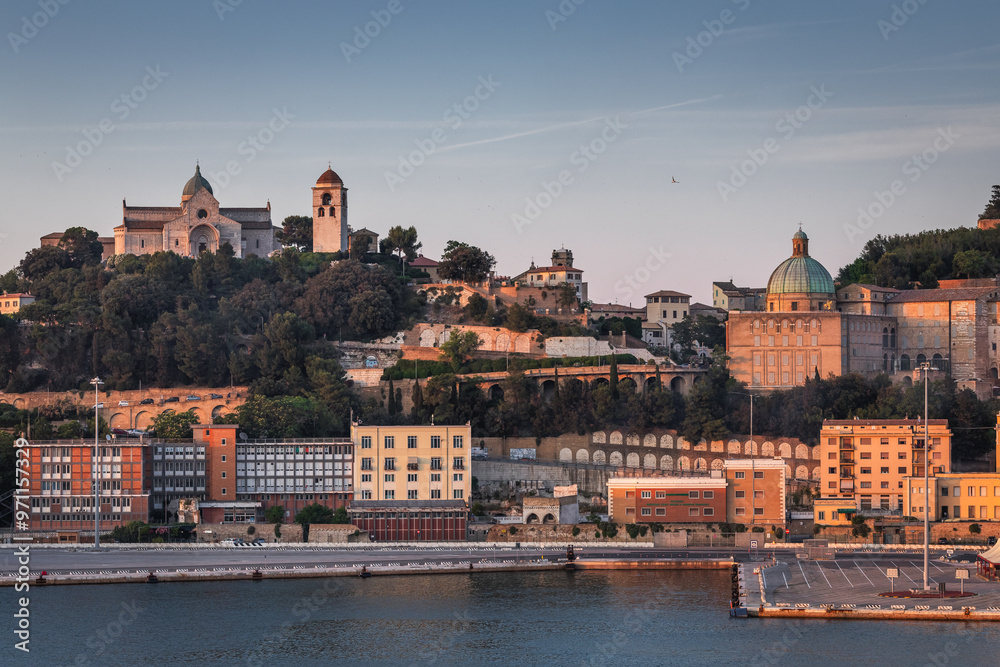 View of the port and city of Anocna in sunny spring day. Historical buildings and beautifull views.