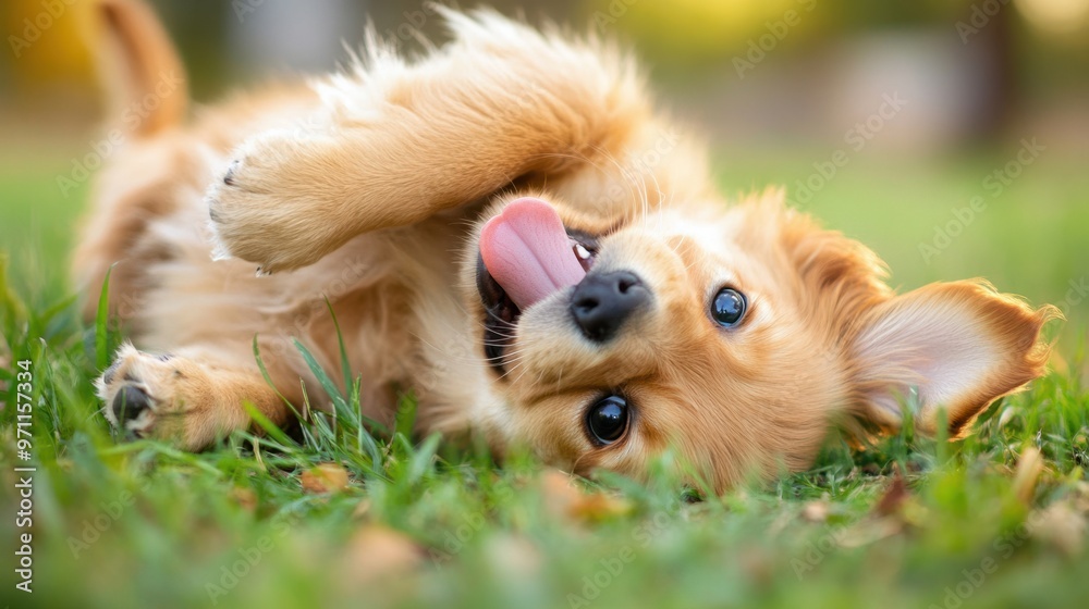 A playful puppy rolling over in the grass, its fur messy and its tongue hanging out as it enjoys the outdoors A playful puppy rolling over in the grass, its fur messy and its tongue hanging out as it enjoys the outdoors