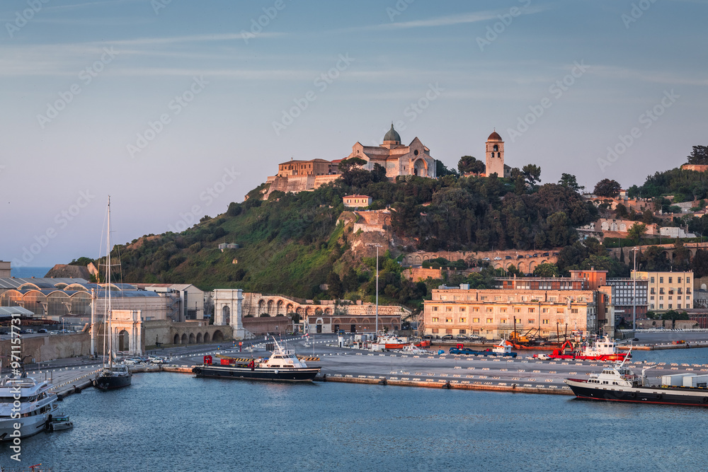 View of the port and city of Anocna in sunny spring day. Historical buildings and beautifull views.