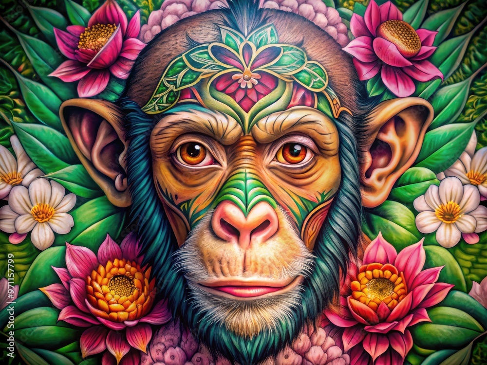 Vibrant color tattoo of a mischievous monkey face surrounded by blooming peonies, bamboo, and intricate mandala patterns on a toned skin, symbolizing good fortune. Vibrant color tattoo of a mischievous monkey face surrounded by blooming peonies, bamboo, and intricate mandala patterns on a toned skin, symbolizing good fortune.