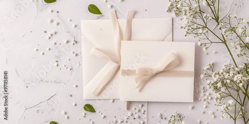 Elegant Minimalist Wedding Invitation Stationery with Floral Accents, White Envelopes, Soft Tones, Natural Greenery, Artistic Calligraphy, and Vintage Charm for Celebrations and Special Occasions