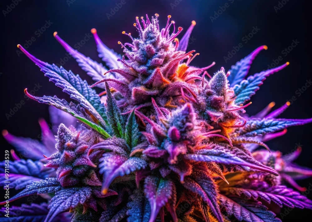 Vibrant, crystal-encrusted cannabis buds with deep purple hues and wispy green foliage, illuminated against a dark background, showcasing the strain's distinctive coloration and trichome richness. Vibrant, crystal-encrusted cannabis buds with deep purple hues and wispy green foliage, illuminated against a dark background, showcasing the strain's distinctive coloration and trichome richness.