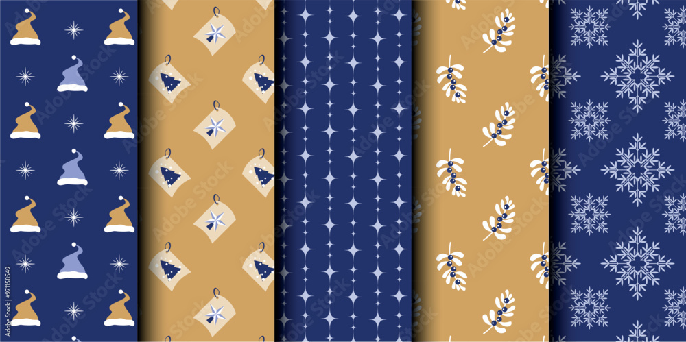 Fototapeta premium Set of Christmas vector seamless pattern. Merry Christmas and Happy New Year. Christmas symbols background. Vector gold and blue seamless illustration