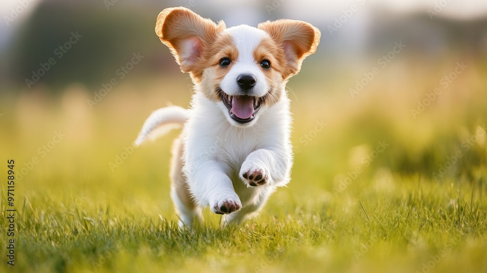 A playful puppy running through a grassy field, ears flopping in the wind, with a joyful expression on its face