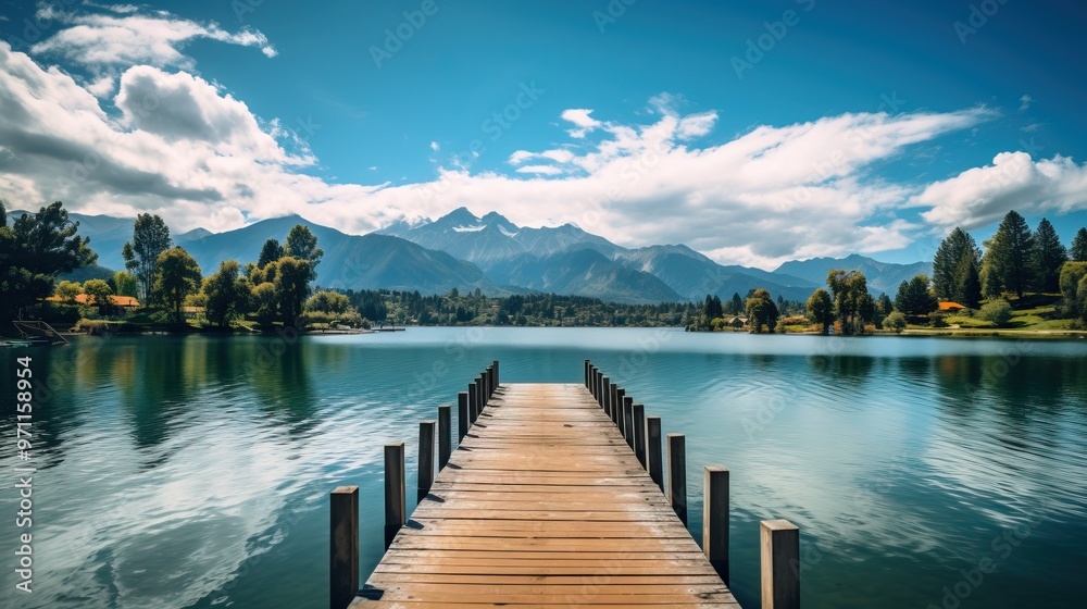 Fototapeta premium Serene Lake with Mountain View and Wooden Pier, Tranquil Landscape