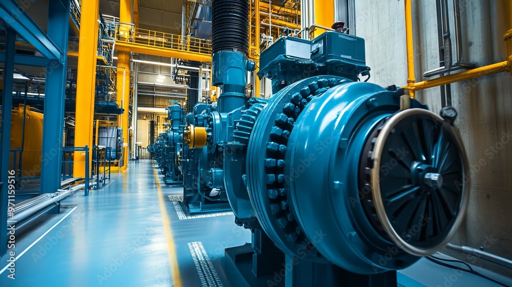 Industrial Water Pump in Modern Power Plant with Blue and Yellow Accents. AI generated illustration Industrial Water Pump in Modern Power Plant with Blue and Yellow Accents. AI generated illustration