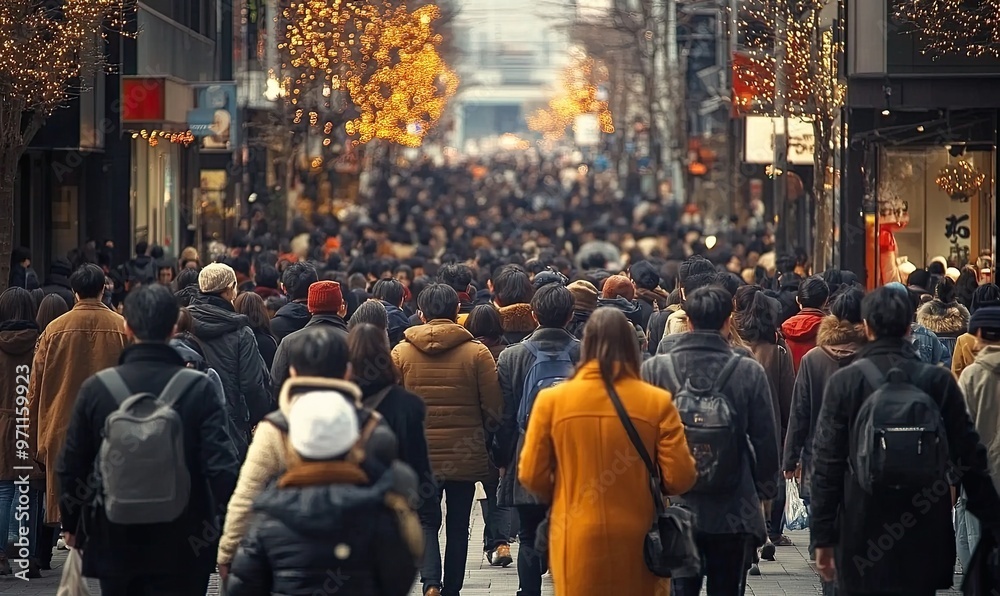Obraz premium A bustling city street filled with people during a festive season.