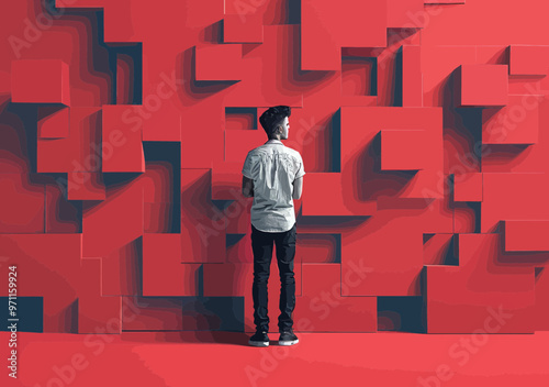 Doubtful Businessman Choosing Best Solution Amidst 3D Geometric Wall, Concept of Uncertainty, Decision Making and Problem Solving in Business, Minimalistic Vector Illustration