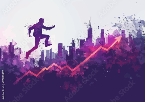 Business Manager Leaping Onto Rising Arrow Vector Illustration, Concept of Catching Investment Opportunities and Financial Growth in Urban Setting