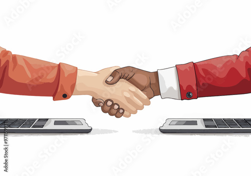 Business Collaboration Online: Multicultural Businesspeople Shaking Hands Across Laptops, Office Connection, Partnership, Remote Work, Digital Networking, Daytime, Professional Minimalist Illustration