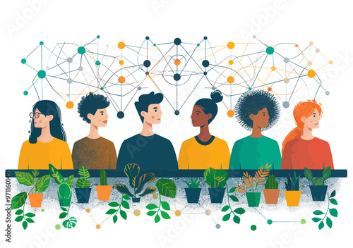 Diverse Team Teleconferencing and Networking in Modern Business Setting, Vector Illustration with Plants and Network Connections