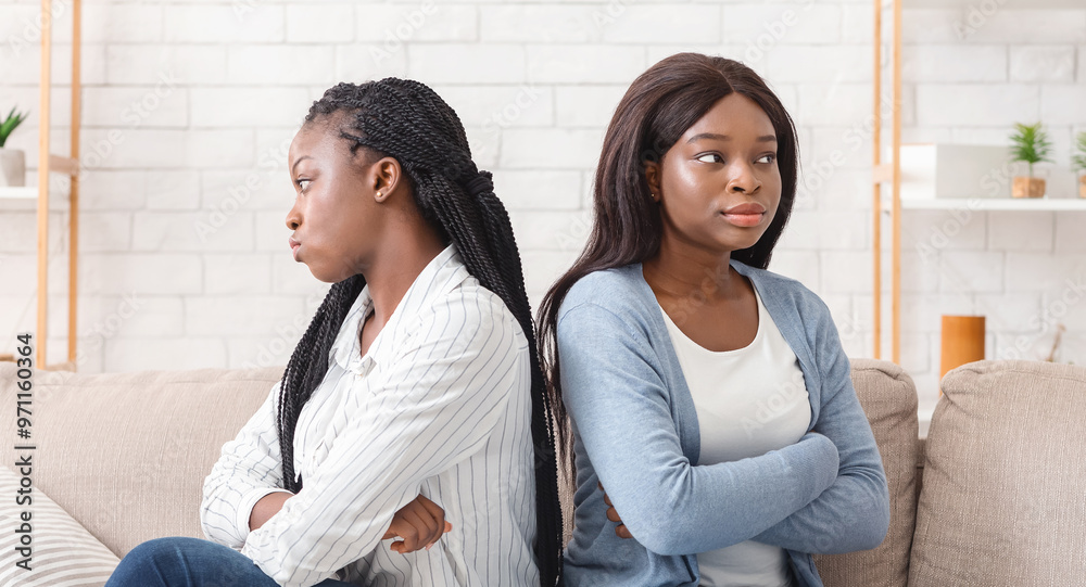 Portrait of two offended black girlfriends sitting back to back, ignoring each other after arguing on sofa at home Portrait of two offended black girlfriends sitting back to back, ignoring each other after arguing on sofa at home