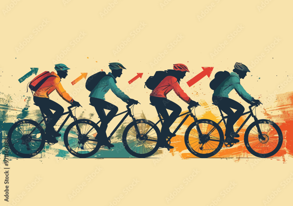 Obraz premium Business Teamwork Concept with People Pedaling Upwards on Bicycles Towards Success, Motivational Business Growth, Collaborative Effort, Abstract Vector Illustration with Arrows and Energetic Mood