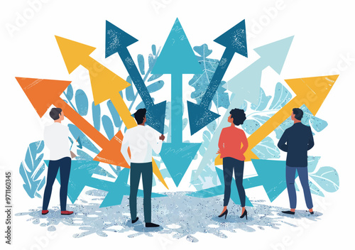 Business Team Considering Multiple Directions for Decision Making at Daytime - Concept of Choosing Paths, Strategic Option, Vector Illustration