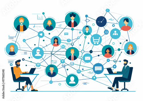 Remote Team Communication Network Vector Illustration - Connecting Employees via Internet for Business Collaboration, Data Sharing, and Online Meetings