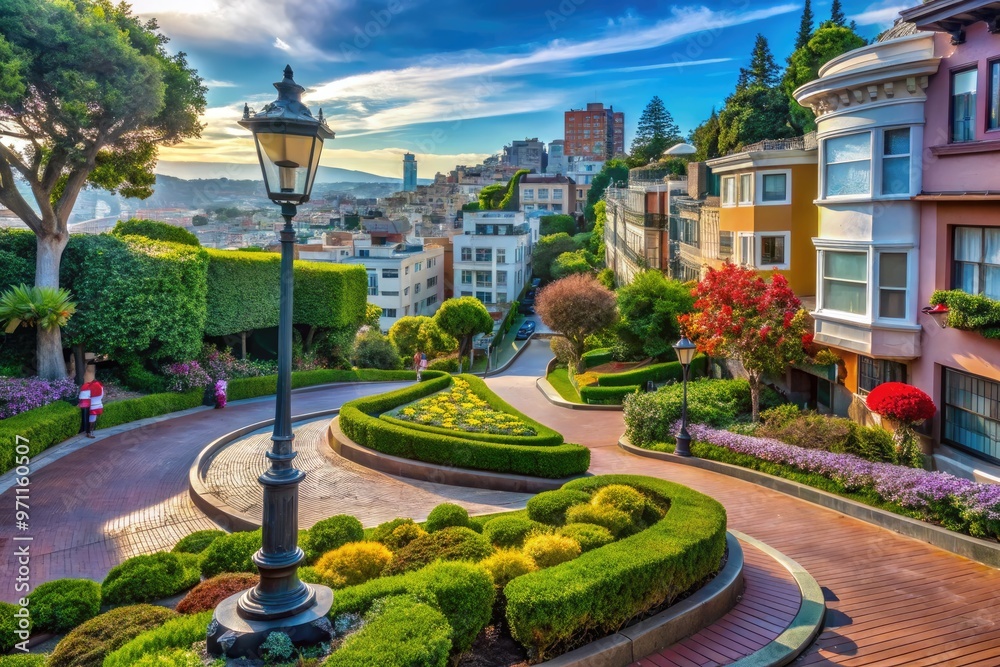 Vibrant eight-hairpin turns of iconic Lombard Street descend steeply through lush greenery, ornate lamp posts, and elegant Victorian homes in San Francisco's Russian Hill. Vibrant eight-hairpin turns of iconic Lombard Street descend steeply through lush greenery, ornate lamp posts, and elegant Victorian homes in San Francisco's Russian Hill.