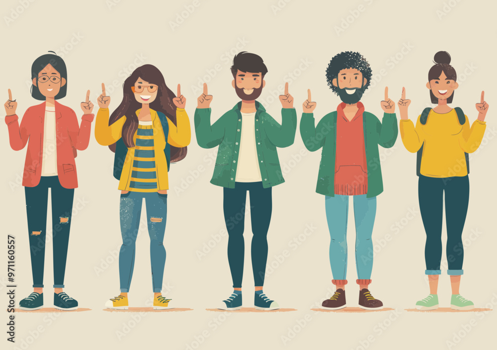 Obraz premium Team Celebrating Success with OK Gesture, Diverse Group Standing Together, Minimalistic Vector Illustration of Joy and Achievement, Concept of Teamwork and Unity