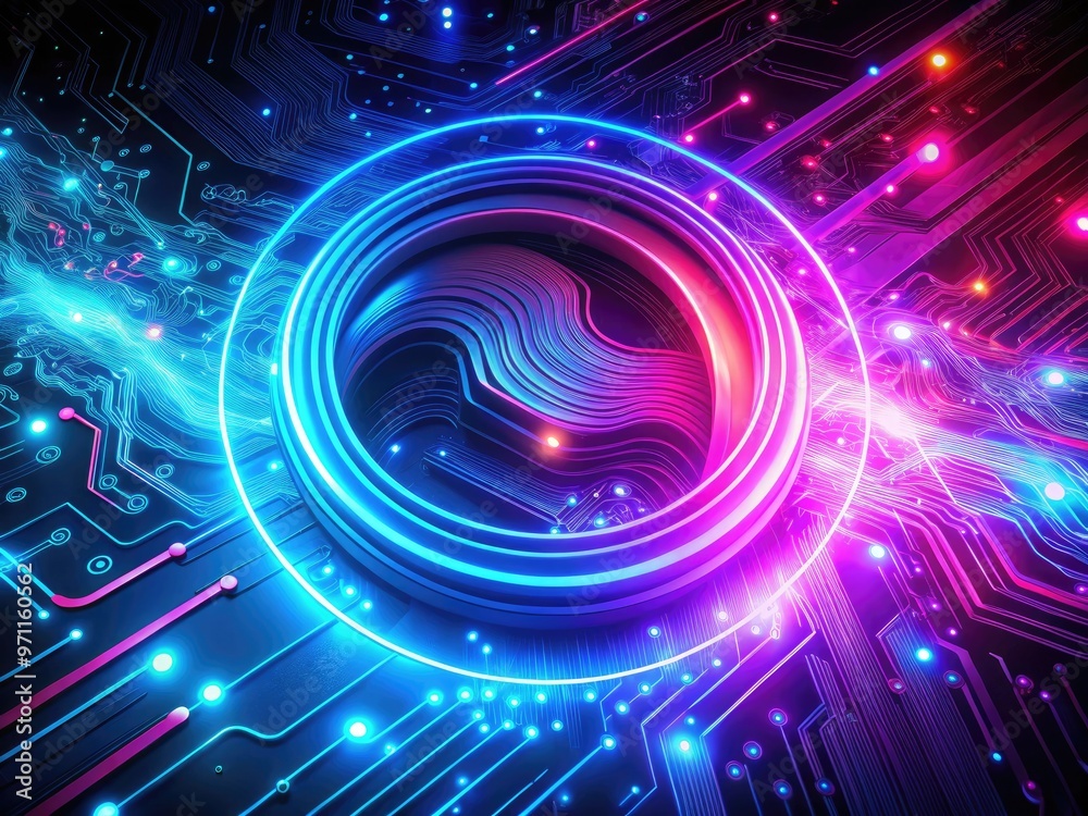Vibrant, electric blue and pink neon lights swirl in futuristic abstract pattern, creating mesmerizing, high-tech ambiance on dark background with glowing circuit board undertones. Vibrant, electric blue and pink neon lights swirl in futuristic abstract pattern, creating mesmerizing, high-tech ambiance on dark background with glowing circuit board undertones.
