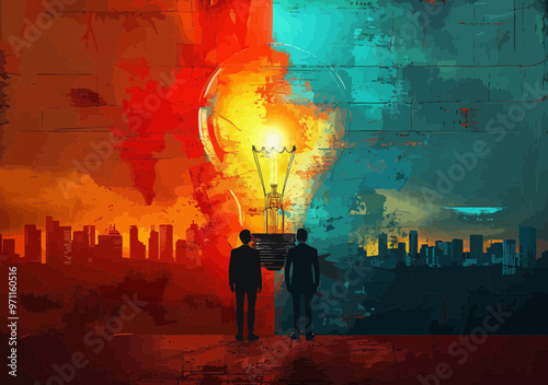 Collaborative Innovation: Businessmen Working Together with Giant Light Bulb Concept, Creative Idea Generation, Urban Background, Abstract Night Setting