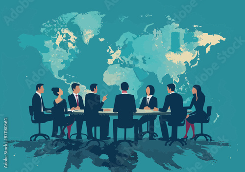 Global Business Strategy Meeting, International Trade Discussion, Team Collaboration around World Map, Corporate Investment Planning, Minimalist Vector Illustration