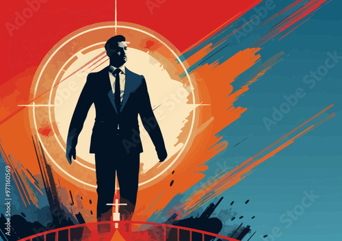 Dynamic Business Leader Pursuing Success, Vector Illustration of Businessman in Suit, Forward Movement, Determination, Leadership, Abstract Background, Success Concept, Minimalistic Design