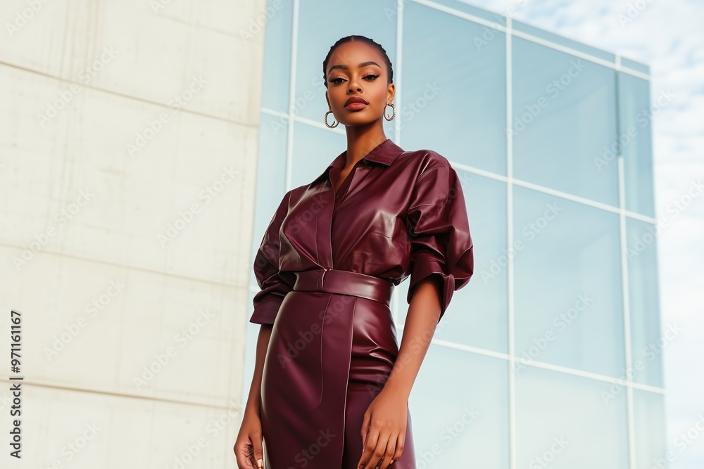 black average looking woman wearing a sleek, dark burgundy leather shirt and matching midi skirt, standing confidently against modern office buildings background black average looking woman wearing a sleek, dark burgundy leather shirt and matching midi skirt, standing confidently against modern office buildings background