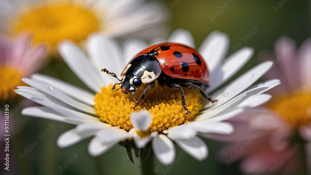 Colorful Ladybug Resting on a Bright Daisy Flower in a Garden Setting Colorful Ladybug Resting on a Bright Daisy Flower in a Garden Setting